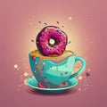 Coffee cup with donat isolated on solid background, cartoon style. Generative AI