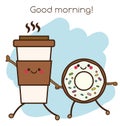 Coffee cup and donut holding hands. Cute kawaii smiling and friendly characters. good morning concept illustration