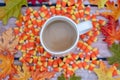 Coffee cup fall background with intentional focus on the white m Royalty Free Stock Photo