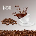 Coffee cup, falling roasted beans, coffee splash, arabica, americano, espresso, coffee texture, 3d realistic vector illustration Royalty Free Stock Photo