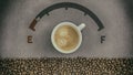 Coffee cup with fuel gauge meter energy concept Royalty Free Stock Photo