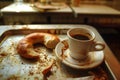 coffee cup with a halfeaten bagel on a breakfast tray