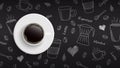 Coffee cup on hand drawn doodle coffee background, vector Royalty Free Stock Photo