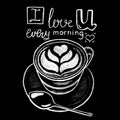 Coffee cup with heart foam white chalk on blackboard. Coffee shop or cafe menu handdrawn illustration and lettering. Royalty Free Stock Photo