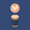 Coffee Cup with Heart Latte Art Pattern Top and Front View Isolated on Blue Background. Creative Design for Coffee House Royalty Free Stock Photo