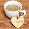 Coffee cup with heart tag write I love coffee word Royalty Free Stock Photo