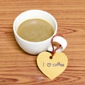 Coffee cup with heart tag write I love coffee word Royalty Free Stock Photo