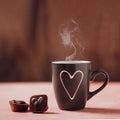 Coffee cup with heart and two heart shaped chocolates on wooden background. Royalty Free Stock Photo