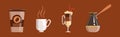 Coffee Cup with Hot Aromatic Drink and Jezve Vector Set