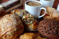 Coffee cup or hot chocolate with chocolate cookie, nuts on wooden table.Top view, Coffe break. macro Royalty Free Stock Photo