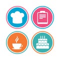 Coffee cup icon. Chef hat symbol. Birthday cake. Royalty Free Stock Photo