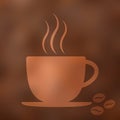 Coffee cup icon with steam, beans, blurred background. Royalty Free Stock Photo