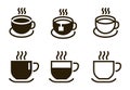 Coffee cup icons. Contour mugs with hot beverages. Black and white silhouettes set. Tableware for drinking tea with Royalty Free Stock Photo