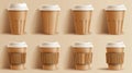 Coffee cup isolated modern mockup set. Eco tea mug with plastic lid cover and empty branding design. Brown disposable Royalty Free Stock Photo