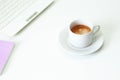 Coffee cup , laptop and lavender notpad on white table. Selective focus