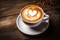 Coffee cup with latte art on wooden table background, Cup of cappuccino with heart shape on foam, AI Generated