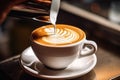 Coffee Cup with Latte or Cappuccino Art in Coffeeshop Closeup, Barista Makes Coffee with Milk Royalty Free Stock Photo