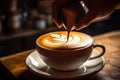 Coffee Cup with Latte or Cappuccino Art in Coffeeshop Closeup, Barista Makes Coffee with Milk Royalty Free Stock Photo