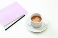 Coffee cup, lavender notpad and pen on white table. Selective focus