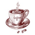 Coffee cup with lettering and coffee bean in vintage engraving style