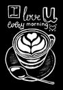 Coffee cup and lettering, white chalk on black illustration. Royalty Free Stock Photo