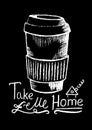 Coffee cup and lettering, white chalk on black illustration