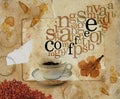 Coffee cup with letters over stained sepia paper