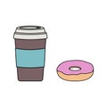 A coffee cup with a lid and a donut with pink frosting.