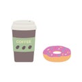A coffee Cup with a lid and a glazed donut. Breakfast in the cafe. Royalty Free Stock Photo