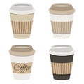 Coffee cup with lid and kraft holder icon set. Vector Illustration