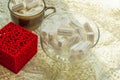 Coffee Cup with marshmallows ring in a box on the table with lace tablecloth, surprise concept for woman, selective Royalty Free Stock Photo