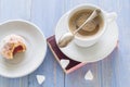 Coffee cup milk sweet dessert bitten donuts icing sugar Royalty Free Stock Photo