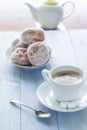 Coffee cup milk sweet dessert donuts icing sugar Royalty Free Stock Photo