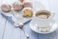 Coffee cup milk sweet dessert donuts icing sugar Royalty Free Stock Photo