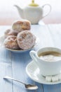 Coffee cup milk sweet dessert donuts icing sugar Royalty Free Stock Photo