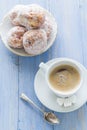 Coffee cup milk sweet dessert donuts icing sugar Royalty Free Stock Photo