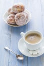 Coffee cup milk sweet dessert donuts icing sugar Royalty Free Stock Photo