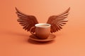 Coffee cup mockup with cupid wings on a orange background