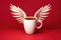 Coffee cup mockup with cupid wings on a red background