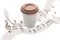 Coffee cup mockup with musical notes isolated on white