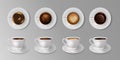 Coffee cup mockup. Top and side view of mug with latte, black tea, cappuccino or espresso, isolated cafe, restaurant and