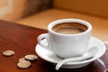 Coffee cup and Money on table Royalty Free Stock Photo