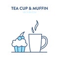 Coffee cup and muffin icon. Vector illustration of a cup with hot drink and a cupcake. Tea or coffee in a mug and muffin with Royalty Free Stock Photo