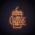 Coffee cup neon logo. Take away coffee to go Royalty Free Stock Photo