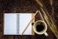 Coffee cup with notebook, pencil, dry grass flower and coffee beans on wooden table Royalty Free Stock Photo