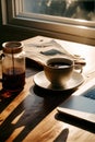 Coffee cup and notebook on a wooden table with sunlight.