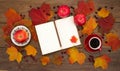 The coffee Cup, Notepad, apples, knitting, autumn leaves Royalty Free Stock Photo