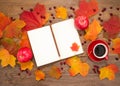 The coffee Cup, Notepad, apples, knitting, autumn leaves Royalty Free Stock Photo