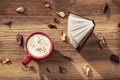 Coffee cup and open book on wooden table with autumn leaves. Top view. Concept of romantic mood, back to school Royalty Free Stock Photo