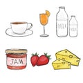 Coffee cup,orange juice,milk, jam, stawberry, cheese chunk